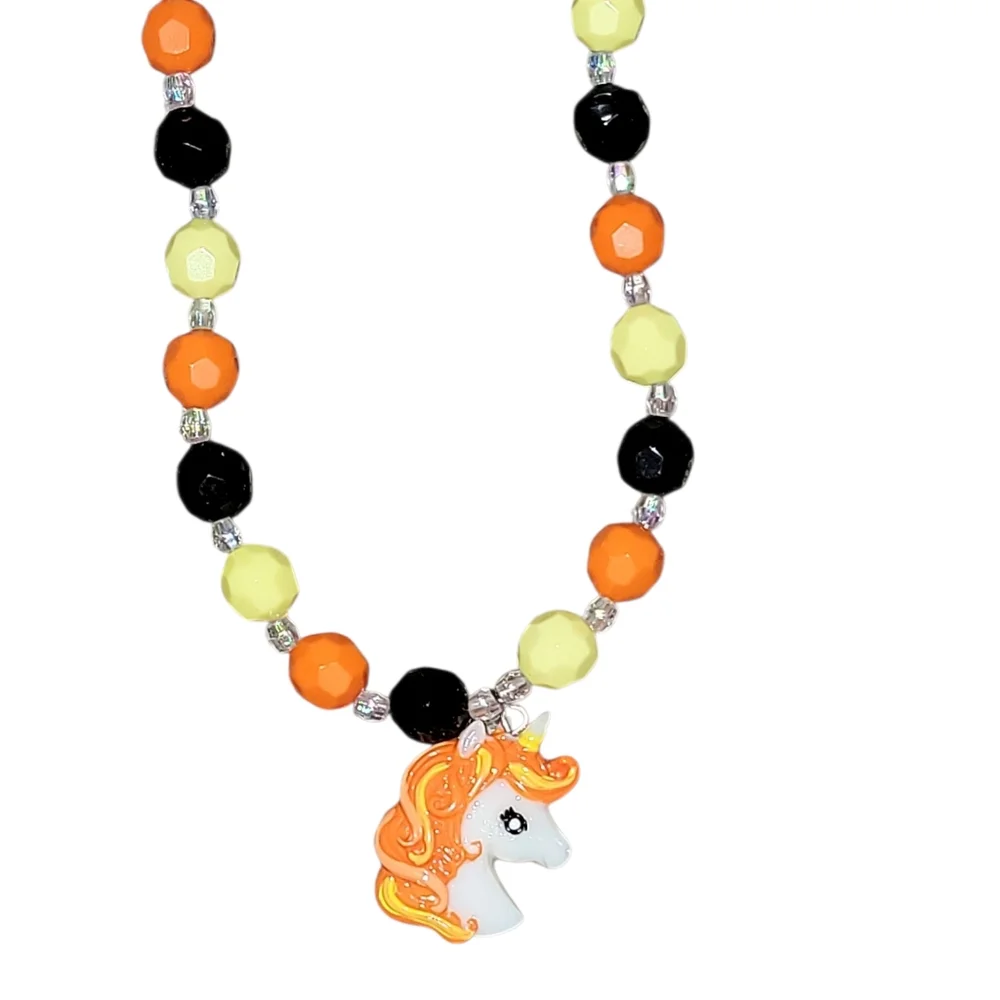 Unicorn Necklace, Braclet, and Earrings with Orange, Yellow, and Black Beads NWT